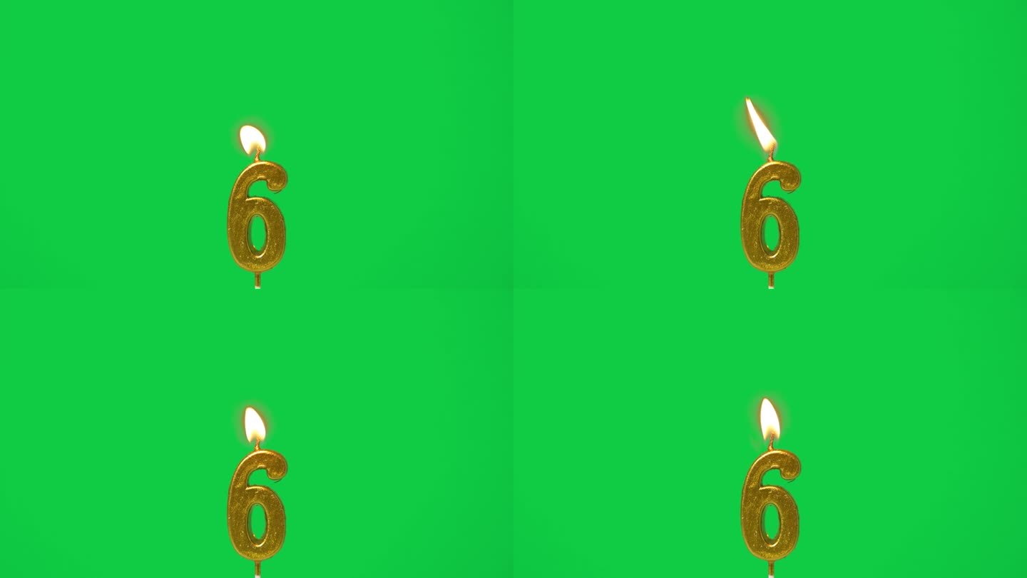 无缝循环蜡烛灯，金色蜡烛6号形状的第六年庆祝点燃。火焰在烛芯摇摆和闪烁孤立的绿色屏幕背景，水平帧率6
