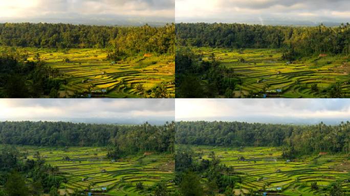 印尼巴厘岛，阿贡火山的延时移动云日落场景，前景是稻田梯田。