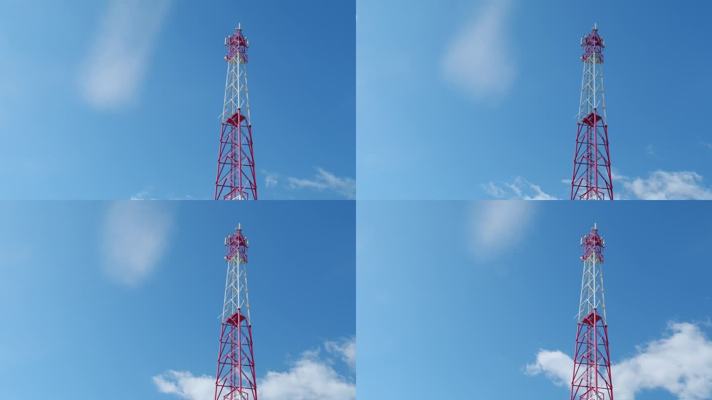 移动电话基站。移动运营商塔。蓝色天空背景上的信号塔。时间流逝。