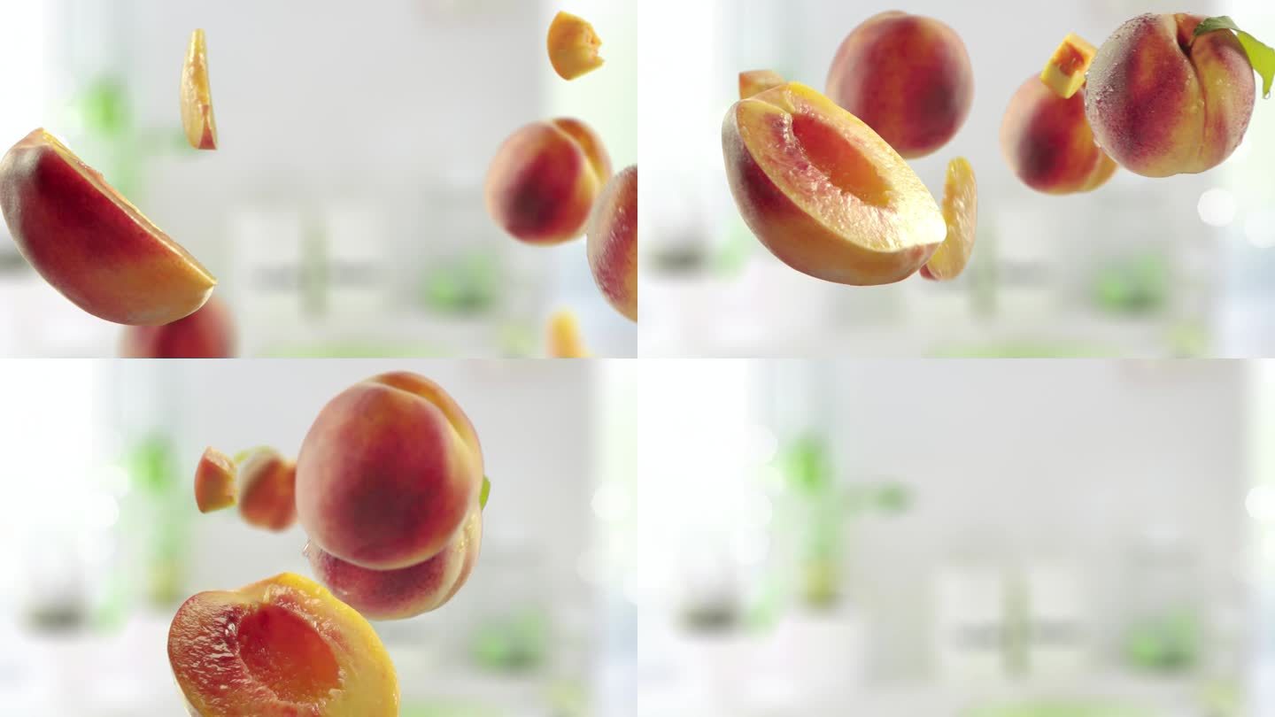飞桃和桃子片在明亮的厨房背景