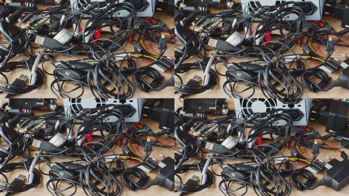 一堆旧电线，连接，耳机和充电器的电子设备旧电线，连接，耳机和充电器在木桌上的特写。电子设备过时的概念