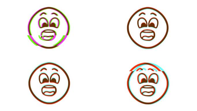 带有故障效果的受惊脸表情符号。卡通面部动画，表情符号运动图形