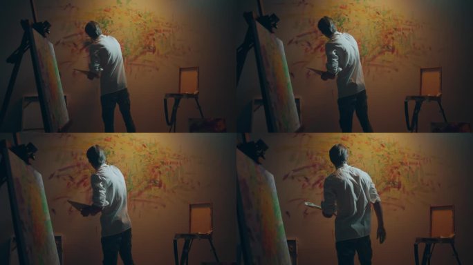 在镜头前，艺术家用他的手指在墙上画新的画面，当代和现代艺术作品