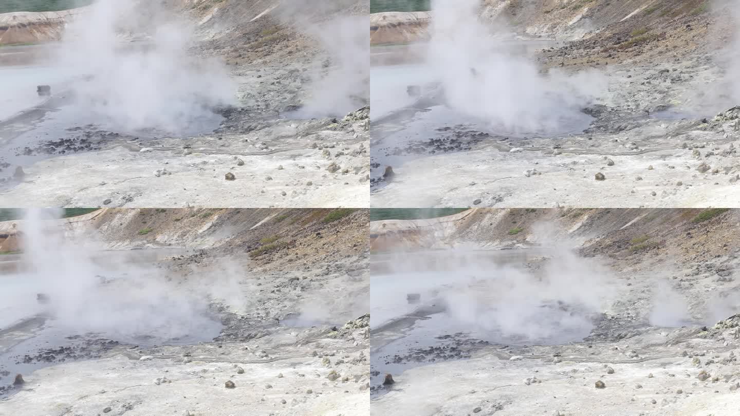在库纳希尔岛戈洛夫宁火山火山口的热湖岸边热气腾腾的热液出口