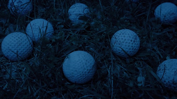 黄昏时草地上丢失的高尔夫球