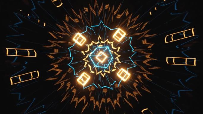 无缝VJ循环三维动画几何黄蓝图案现场音乐会音乐视频抽象迷幻迷幻迷幻多彩艺术。蓝色方格环作为背景。视觉