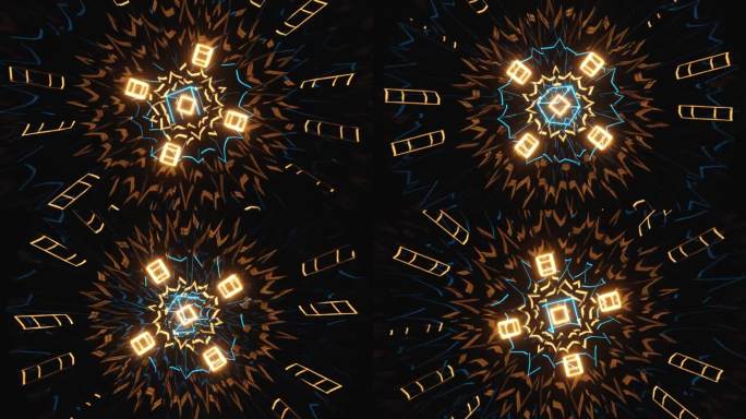 无缝VJ循环三维动画几何黄蓝图案现场音乐会音乐视频抽象迷幻迷幻迷幻多彩艺术。蓝色方格环作为背景。视觉