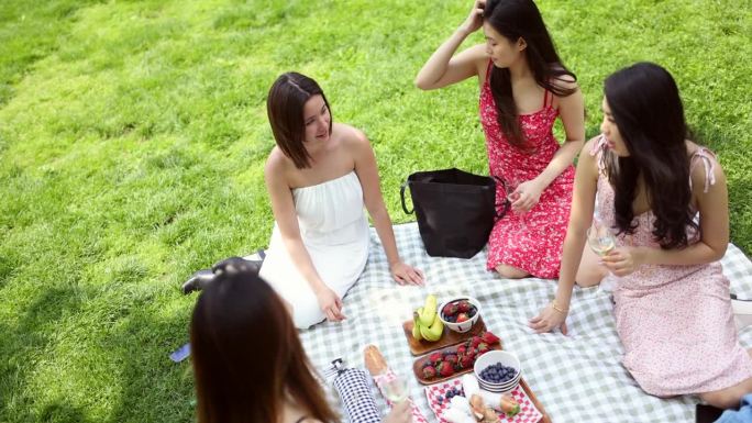 在中央公园的快乐时刻:亚洲女士举杯，珍惜野餐的经历