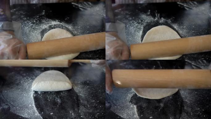 厨师用木头手擀新鲜披萨粉意大利自制披萨