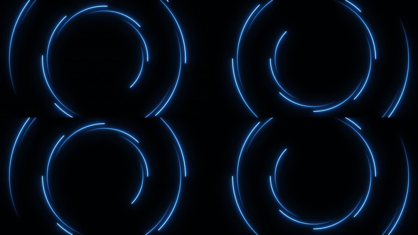 动画霓虹灯发光的圆圈框架。彩色激光显示无缝循环4K边界。未来的光效果孤立的黑色。VJ背景为俱乐部，表