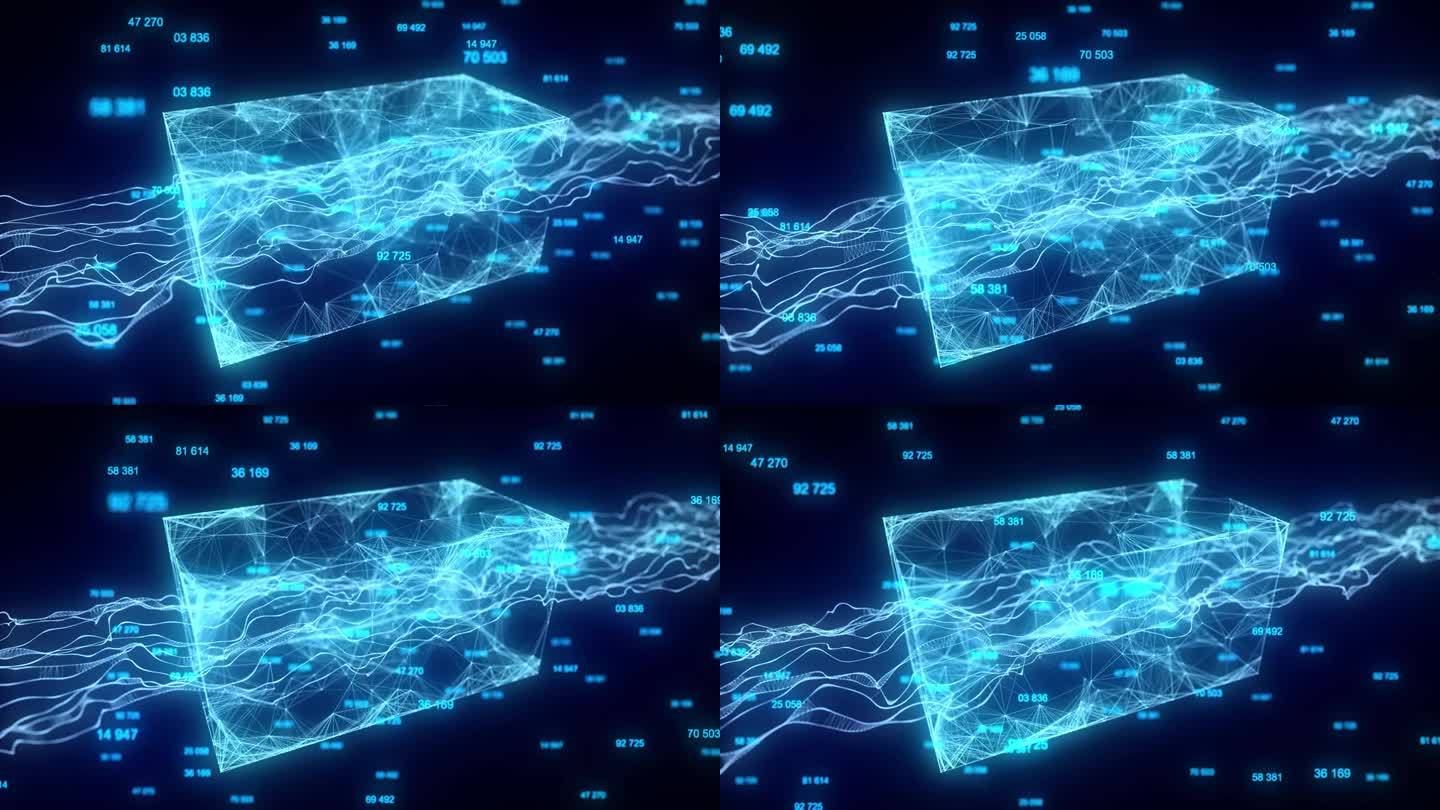 技术区块链网络连接。未来科技浪潮。大数据可视化。网络安全背景。通过蓝色立方体移动大数据。3 d渲染。