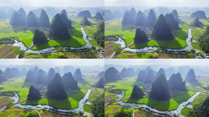 航拍广西百色靖西旧州鹅泉河山水田园风光