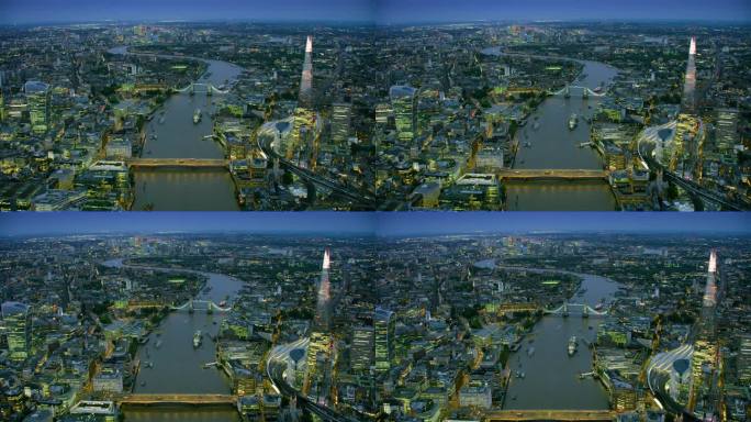 伦敦著名地标鸟瞰图。拥有现代摩天大楼的城市金融区。著名的桥梁和建筑。泰晤士河。英格兰。英国。用红色武