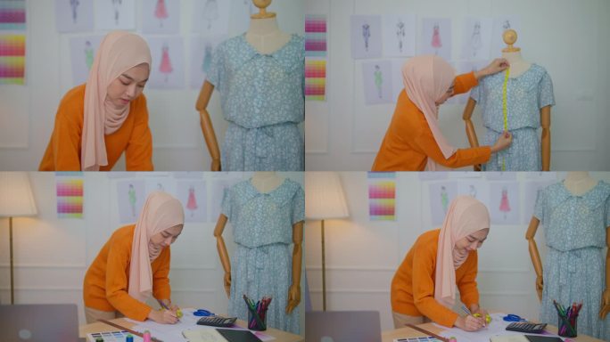 穆斯林女性服装设计师正在用笔记本电脑绘制草图、选择颜色、尺寸、进行研究，设计服装。