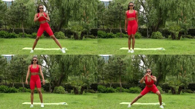 年轻漂亮的运动黑人女性伸展身体，蹲在户外。一个穿着运动服的女孩为了健康而参加户外运动。