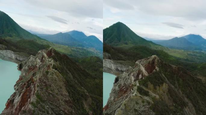 垂直视频。山石岭火山口池湖雾岩山谷