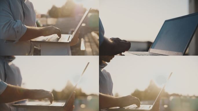 在阳光明媚的建筑工地，男工头在笔记本电脑上打字