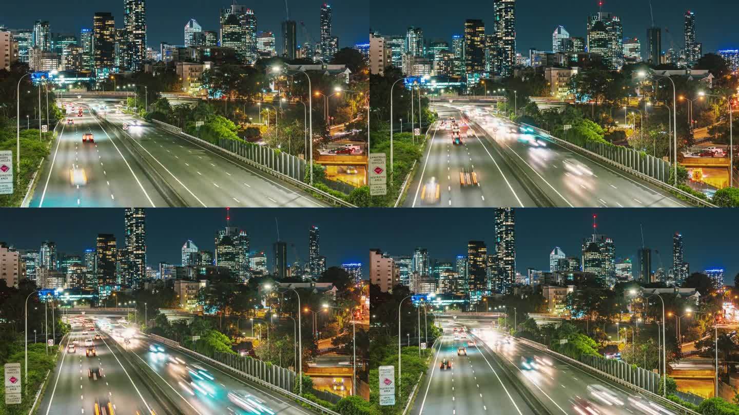 澳大利亚昆士兰州，下班后晚上布里斯班城市景观与高速公路的4K延时镜头