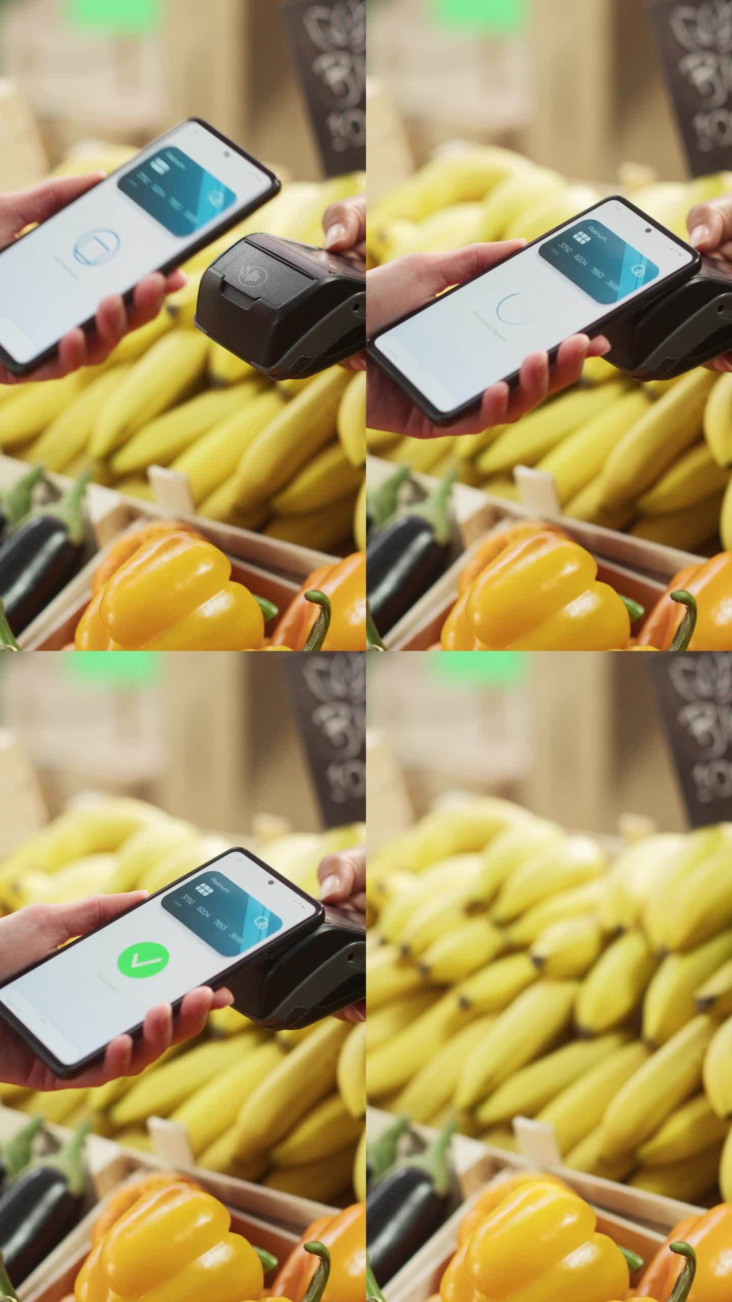 垂直屏幕:客户使用带有信用卡银行NFC应用程序的智能手机进行安全的Swift非接触式支付。现代购物者