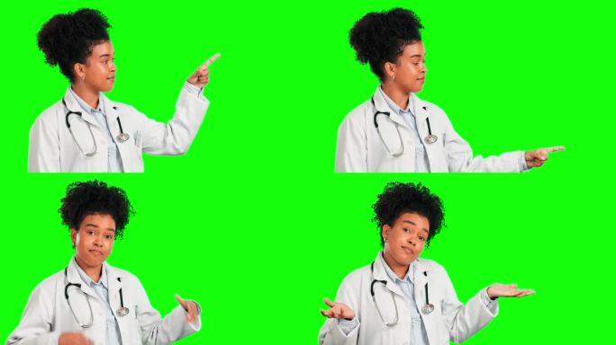 指指点点，医生和困惑的女人在绿屏上寻求报价，升职和药品。医疗保健，医疗和耸耸肩与女性和模型在工作室背