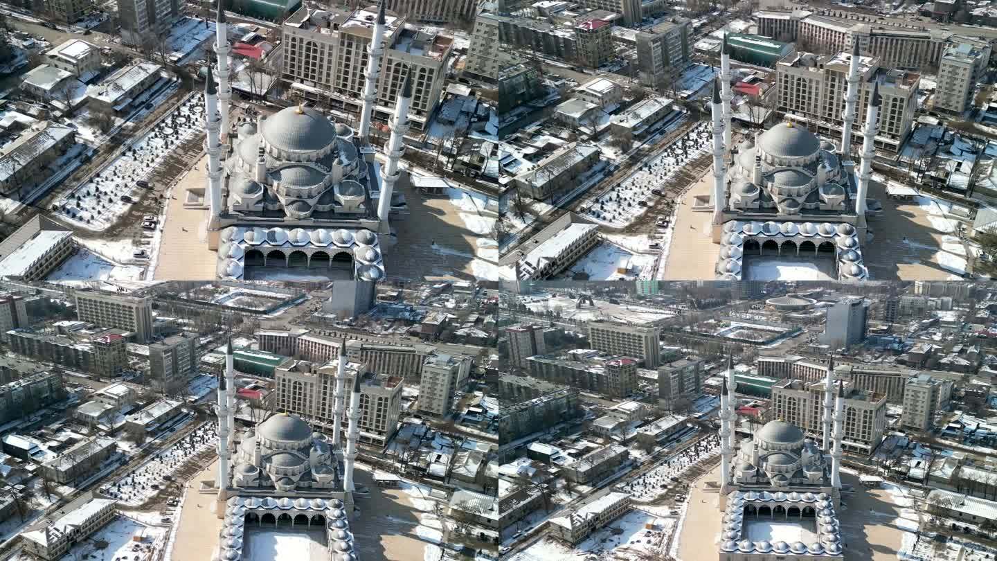 伊玛目萨拉赫西比什凯克中央清真寺，无人机放大显示的镜头