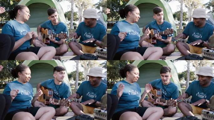 弹吉他，跳舞，和一群志愿者一起露营，围成一圈，增进感情。音乐，微笑和自由，与年轻的社区朋友在大自然的