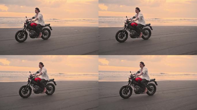 骑摩托车或在美丽的大自然的海滩户外旅行。有吸引力的赛车手男子摩托车与动力摩托车骑沙子在快速行动。成人