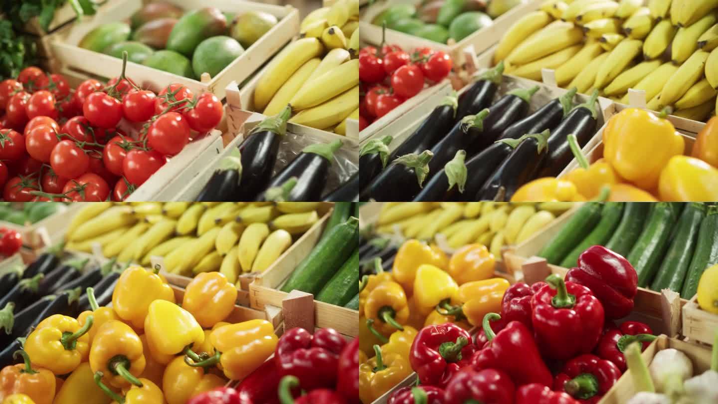 慢多莉潘镜头与选择的水果和蔬菜被卖在一个农贸市场的食品摊上。当地的小生意摊位与有机西红柿，香蕉，芒果