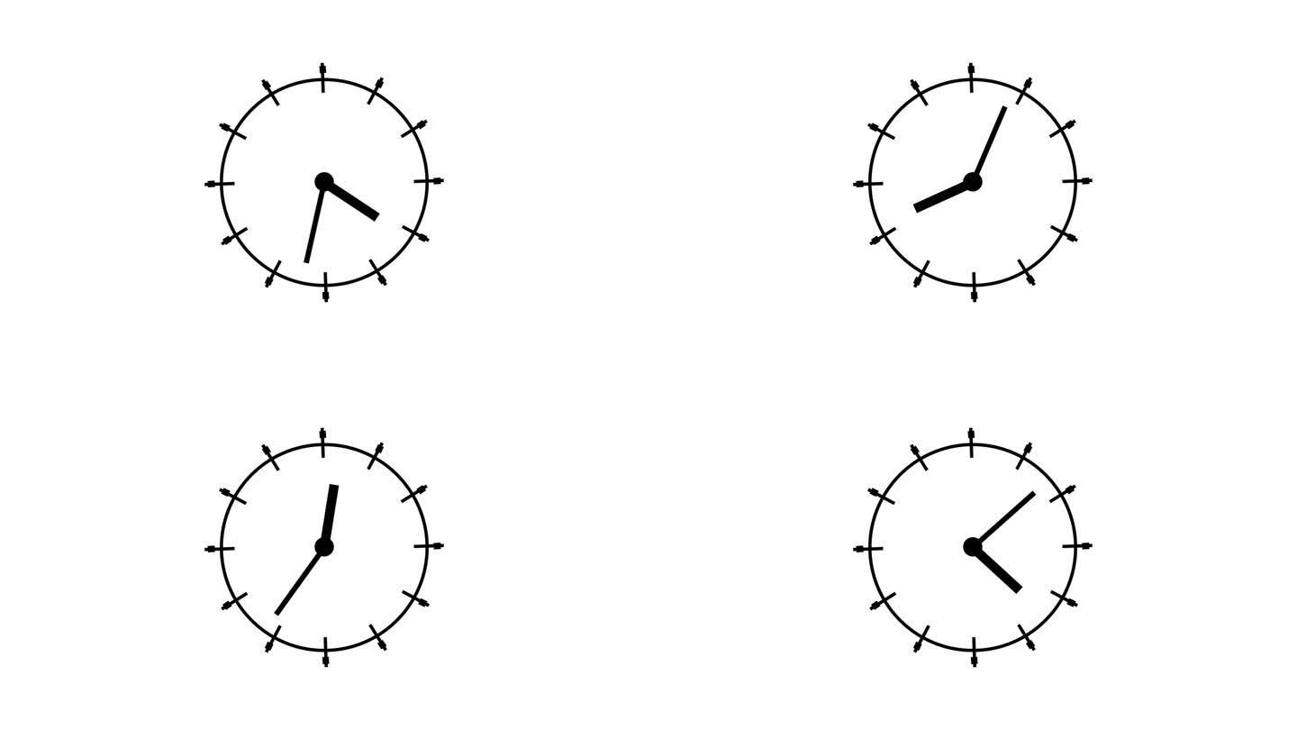 白色背景上的简单时钟动画。快速旋转时钟动画。