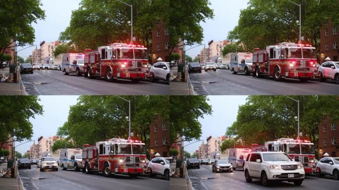 消防局的车辆停在学校门口等待紧急警报。纽约中城。