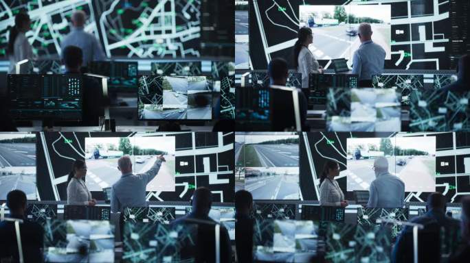 高科技监视办公室与多民族专家使用卫星技术跟踪目标车辆在城市地形。大显示屏显示实时监控，闭路电视馈送和