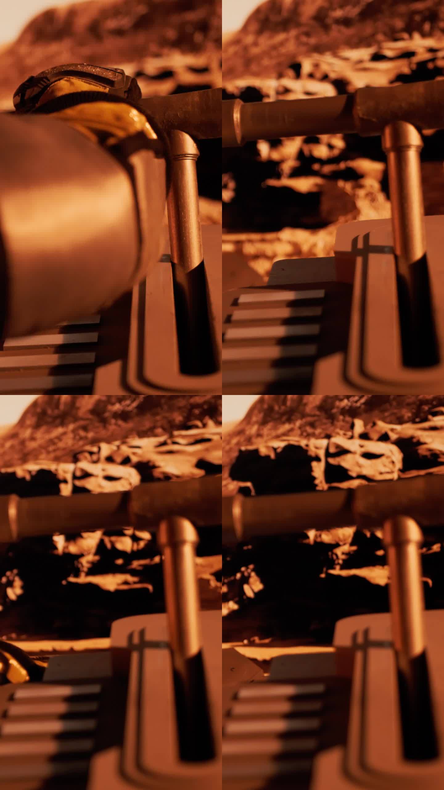 火星表面探测。宇航员驾驶晃动的火星探测器，带有未来主义的控制屏幕，在崎岖的地形上拍摄垂直视频