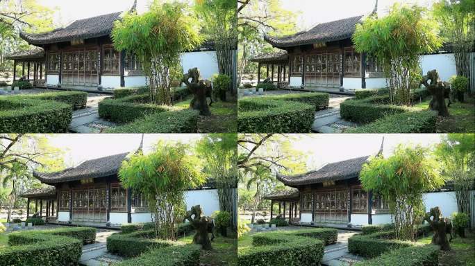 中国传统园林与华丽的亭子的镜头