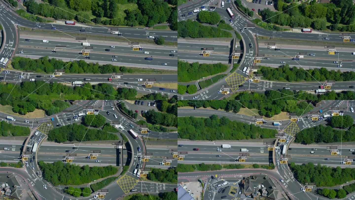 监视系统。主要高速公路上的交通鸟瞰图。连接网络。身份和速度控制系统。未来的交通工具。人工智能。计算机