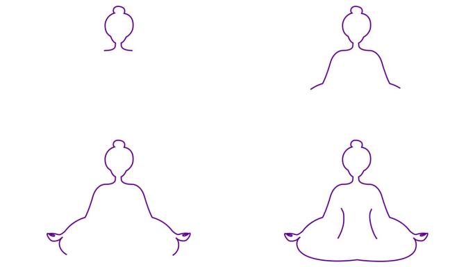 动画女孩正在做莲花体式瑜伽。女人冥想的线性紫色图标。线是逐渐画出来的。现代瑜伽设计理念。矢量插图在白