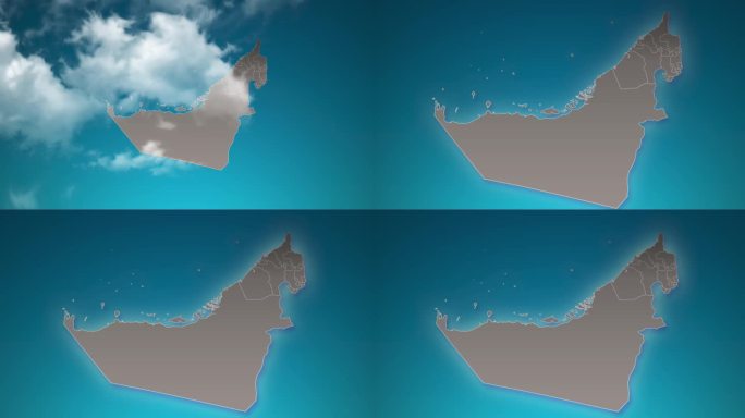 阿拉伯联合酋长国国家地图与放大现实的云飞过。在阿联酋地图上的相机缩放天空效果。背景适合公司介绍，旅游