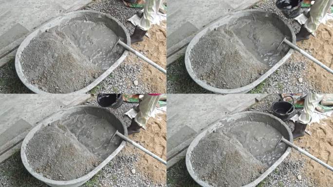 将水泥粉与石砂、液体水泥混合，在施工现场制作混凝土，家装服务行业理念。