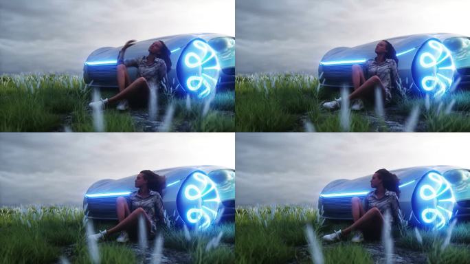 3d女孩和未来的电动汽车在瓦利。未来的概念。逼真的4k动画。