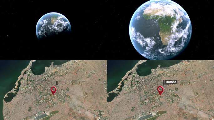 罗安达城市地图从太空到地球缩放，安哥拉