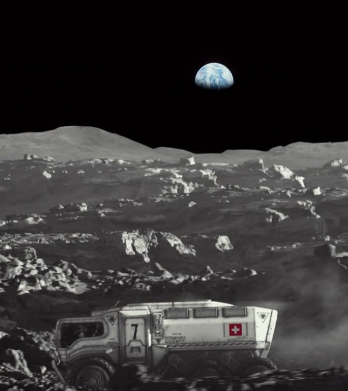 月球的太空殖民。放大带瑞士国旗的月球车探索月球表面的垂直视频