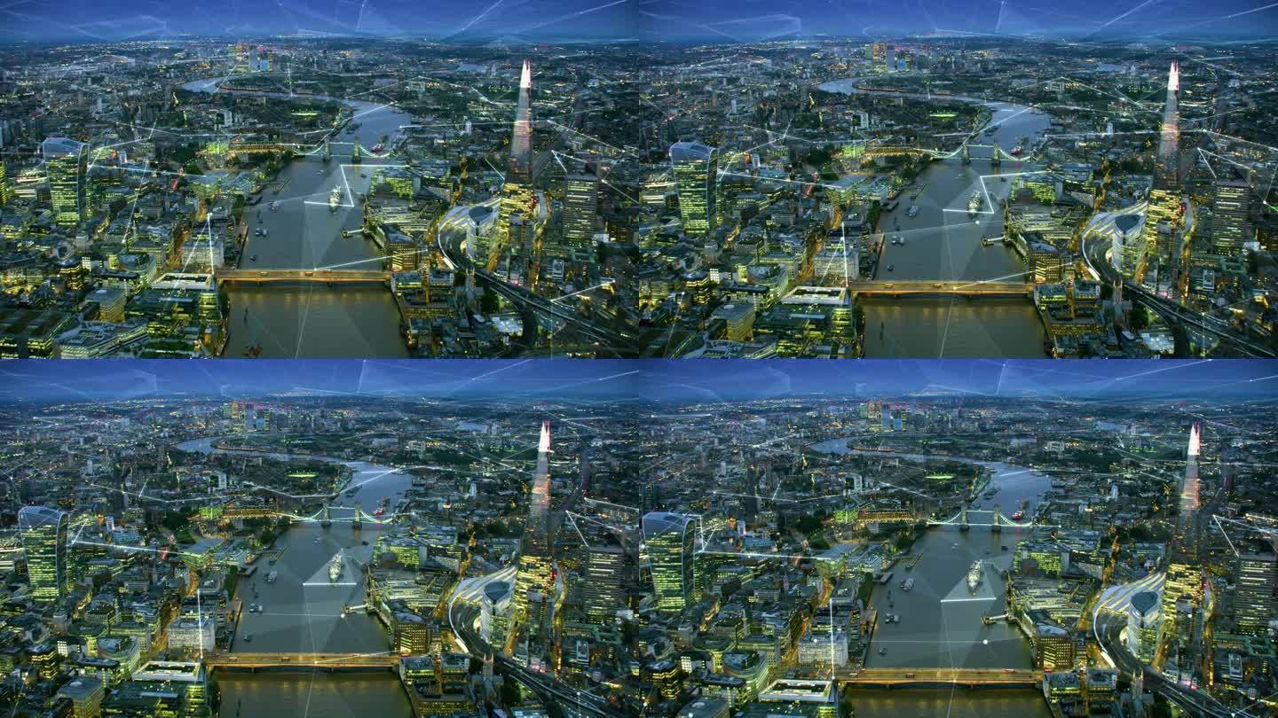 伦敦金融区的未来主义鸟瞰图。连接城市。技术网络概念。伦敦，英国。物联网。人工智能。在8k用红色武器射