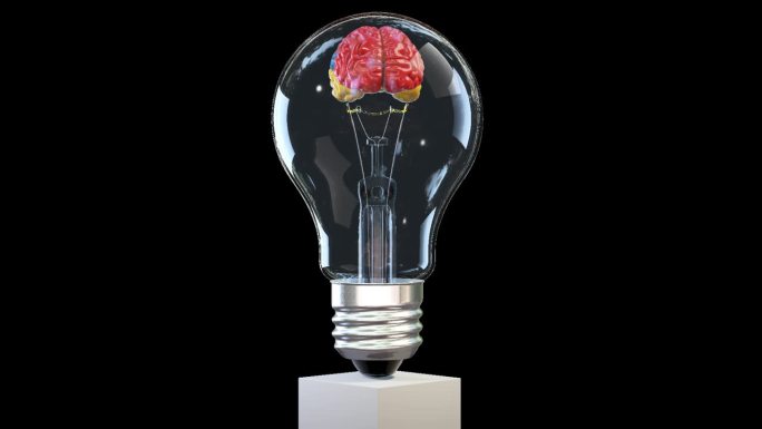 大脑在灯泡内旋转的3D渲染，伟大的思想概念，循环，Alpha通道