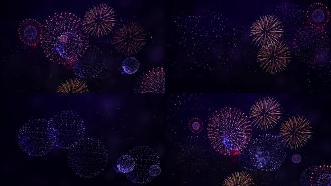 4K真正的彩色烟花表演节日在天空中显示散景灯在夜空中。