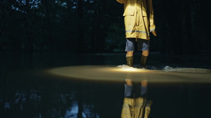 穿着黄色雨衣的小男孩在洪水泛滥的平原上拿着手电筒行走