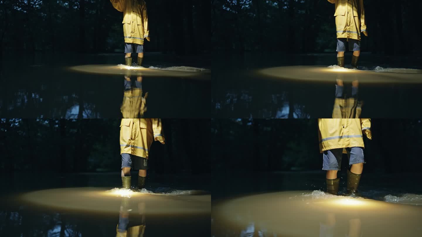 穿着黄色雨衣的小男孩在洪水泛滥的平原上拿着手电筒行走