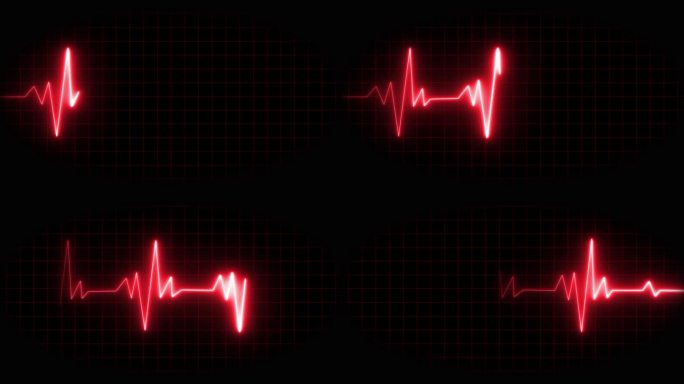 霓虹灯心电图心脏脉搏监测霓虹灯心跳在黑色，孤立的背景与网格4K无缝循环动画背景心跳线霓虹灯心率显示屏