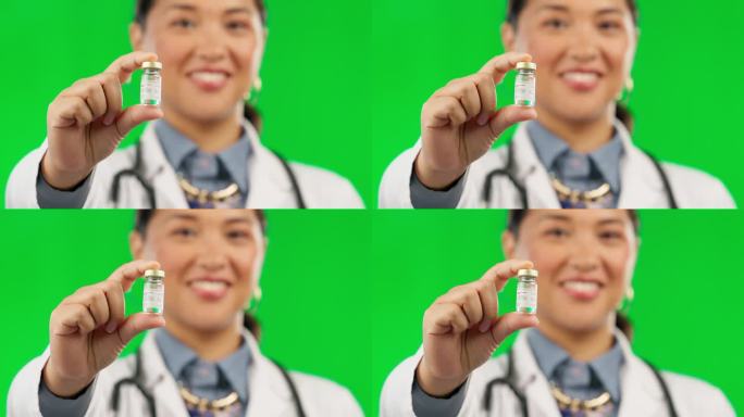脸，绿屏，拿着小瓶的亚洲女人，医生和医生，背景是摄影棚。肖像，医疗保健专业人员和员工与研究，科学和检