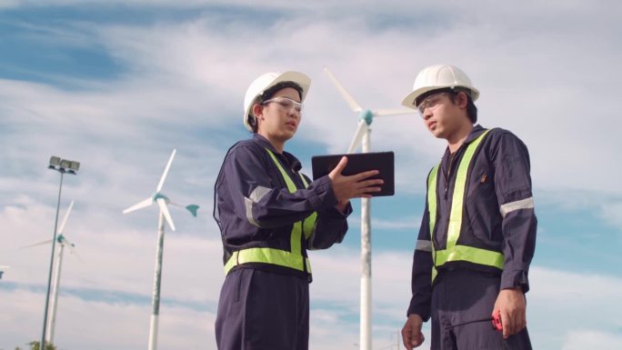 两名技术人员在风力发电场一起检查风力发电机。环保为未来的清洁能源。