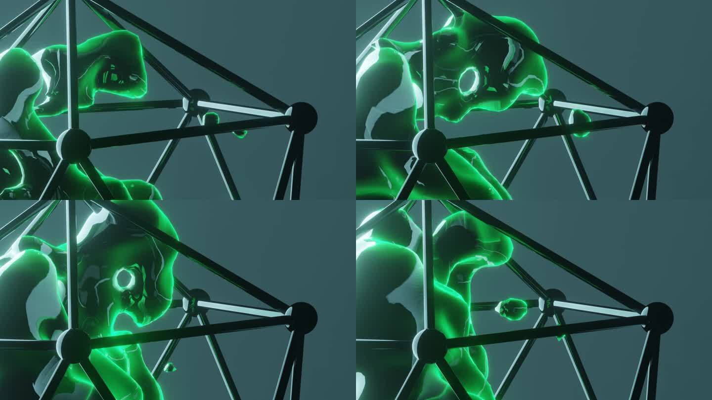 抽象绿色金属光泽形状动画。六角形铁笼内的3d插图