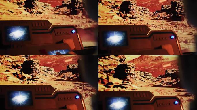 红色星球火星表面探测。驾驶员的POV宇航员驾驶晃动的火星漫游者在岩石表面